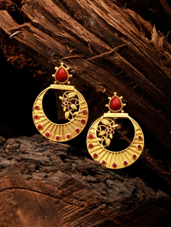 Gold Plated hand work with Red Stone having Chand Bali look.