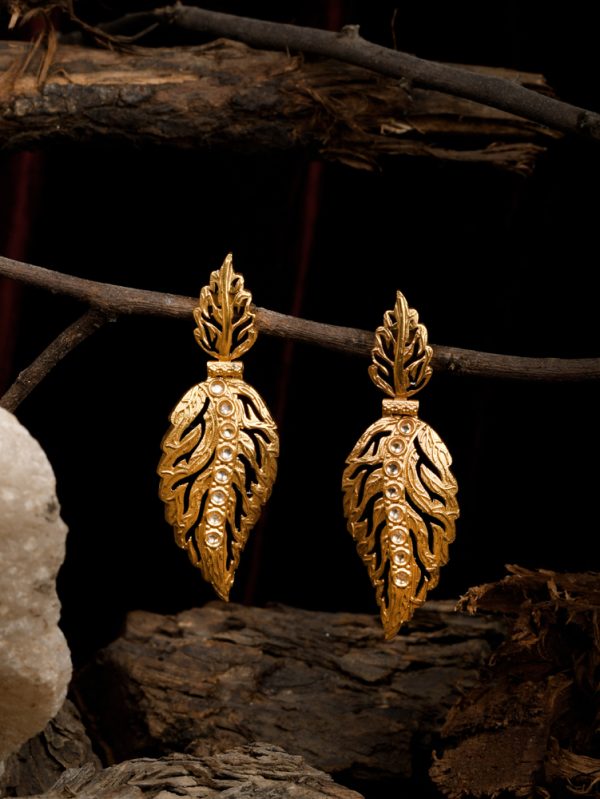 Embrace New Leaf style Textured Red dangle Earrings with Studded Polki.