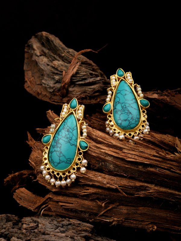Stud Earrings with Beautiful styled Turquoise Stone and Fresh water Pearls.