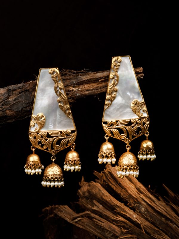Textured Red & filigree Jhumka Earrings with Mother of Pearl Stone.