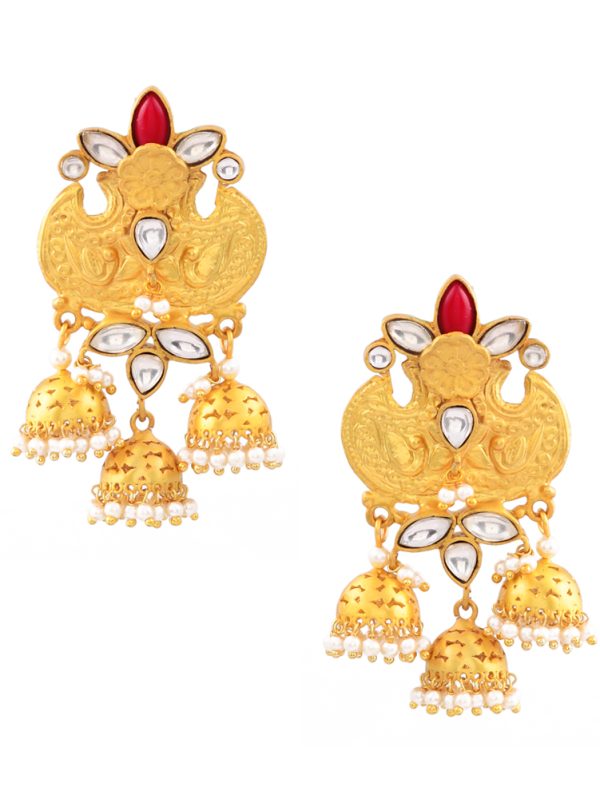 Stylish Earrings with Red Stone and filigree Textured Red look.