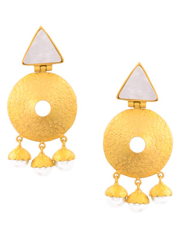 Dangle Earrings with Mother of Pearl Stone in Gold Plated and Fresh water Pearls.