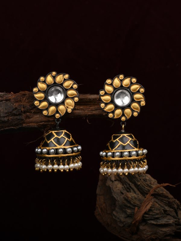 Jhumka Earrings with fine filigree in two-tone with Polki Stone.