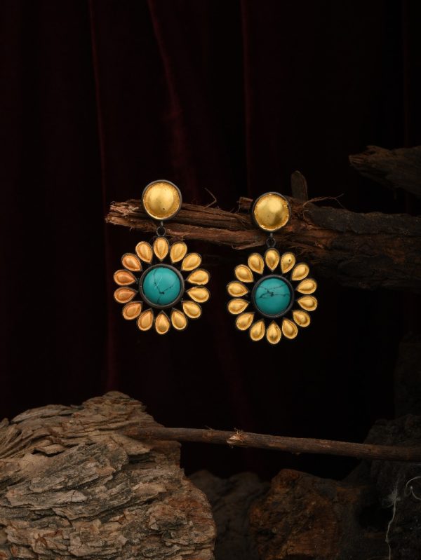 Perfect Pair Blue Turquoise Handcrafted Polki Goldplated Textured US Indian Women Fashion Dangle 18k Earring.