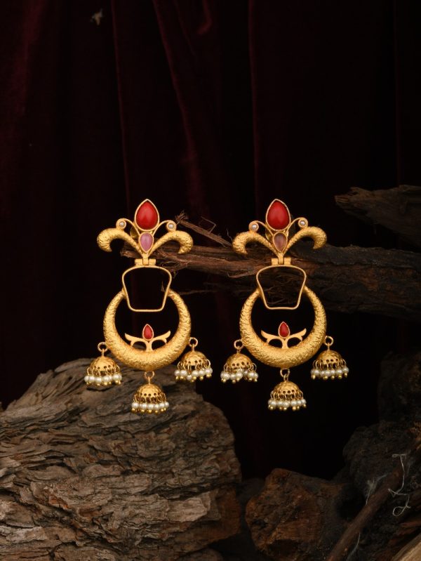 Pair Red Handcrafted Polki Goldplated Textured US Indian Pearls Women Fashion Dangle Jhumka 18k Earring.