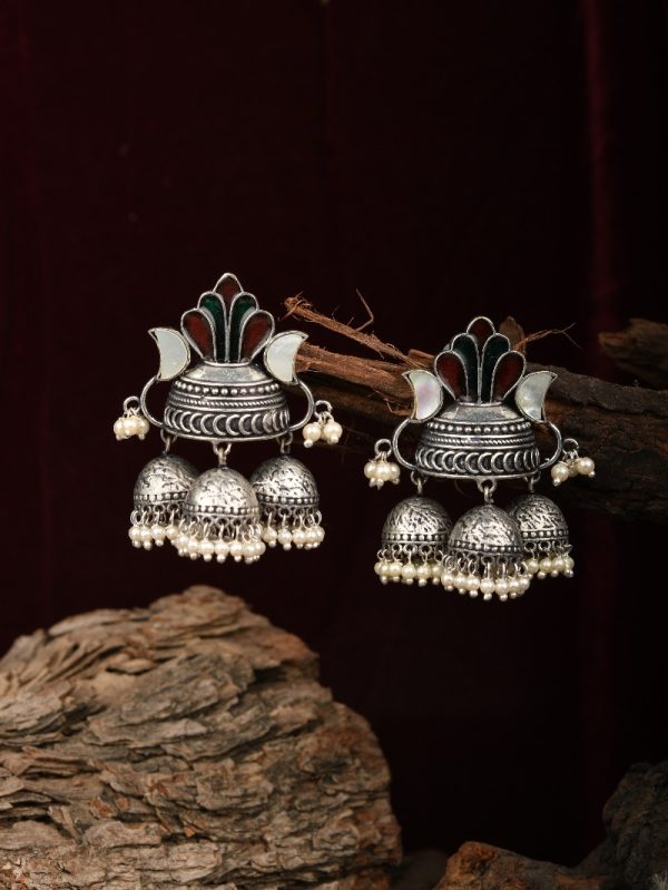 Designer Jhumki 18k Enamel Silver Oxidized Perals MOP New Traditional Piercing Indian Pakistani US Ethnic Antique Women  Earrings.