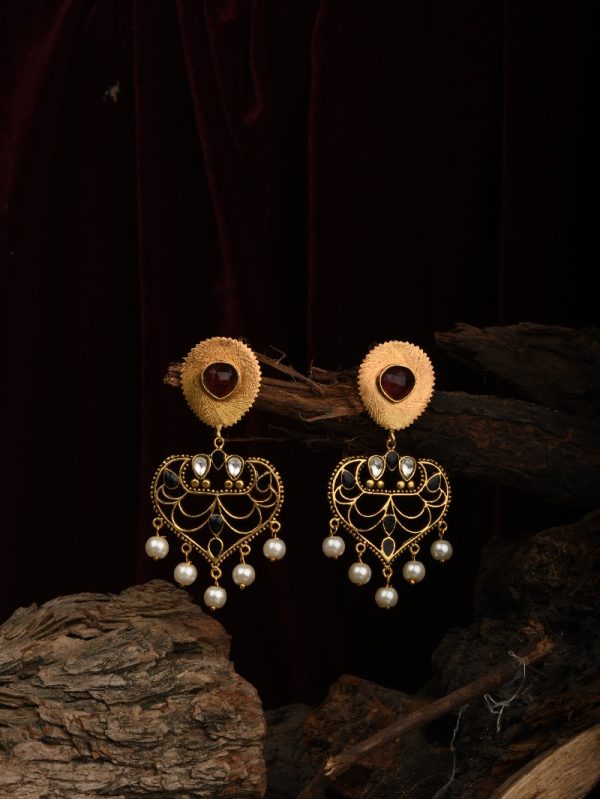 Stunning Pearls Maroon Drop MOP  Handcrafted Polki Goldplated Black Textured US Indian Women Fashion Earring.