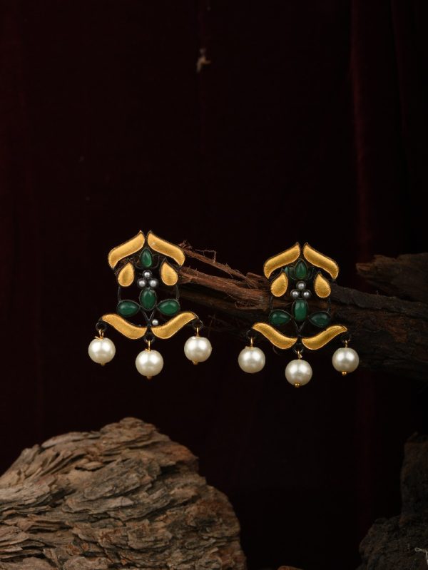 Gold Textured 18k New Traditional Green Indian Pakistani US Ethnic Pearls Antique Women Earrings.