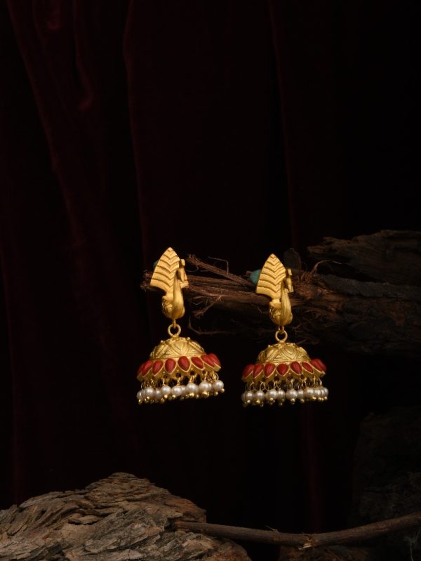 Antique Ear Accessory 18k Goldplated US Indian Peacock Jhumka Red Pearls Traditional Fashion wedding Jewelry.