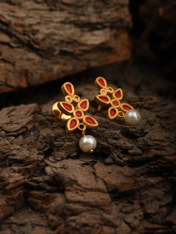 Gold Textured 18k New Red Pearl Piercing Pink Indian Pakistani US Ethnic Dangle Women Earrings.