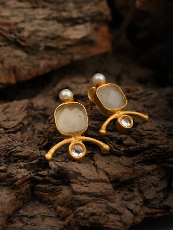Gold Textured 18k New Textured Piercing Polki White Indian Pakistani US Ethnic Tassel Women Earrings.