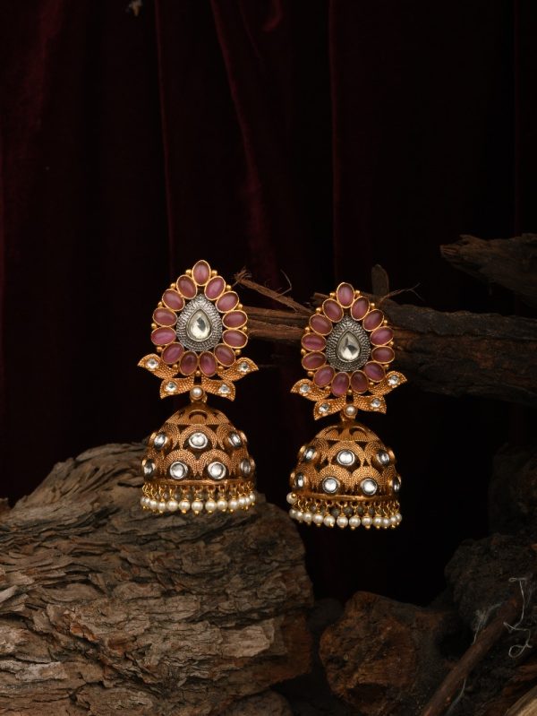 Gold-plated Traditional Leaf Pink Pear  Oval Pearls Polki Partywear 18k US Indian Women Jhumki Earrings.