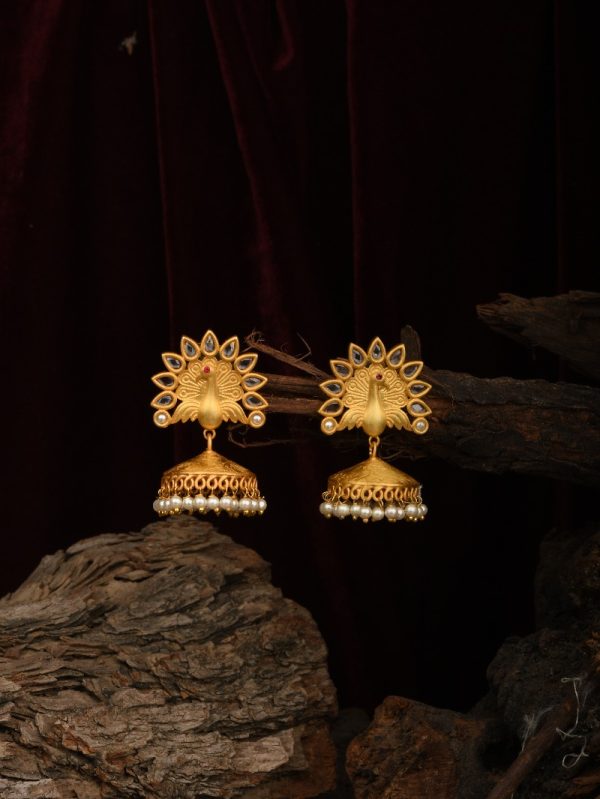 Antique Ear Accessory 18k Goldplated US Indian Peacock Jhumka Polki Pearls Traditional Fashion wedding Jewelry.