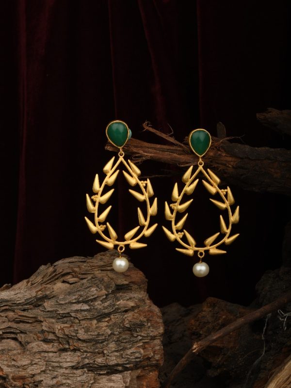 Gold Plated Traditonal Indian US 18k Jhumka Leaf  Green Fashionable Earrings.