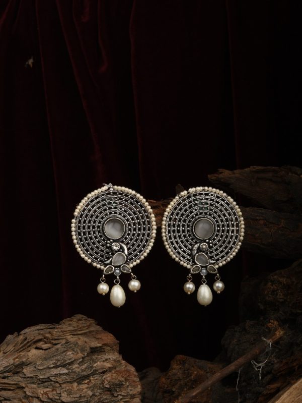 Indian Designer 18k Silver Oxididezed Women Textured Beautiful Handcrafted Earring Pearls Green .