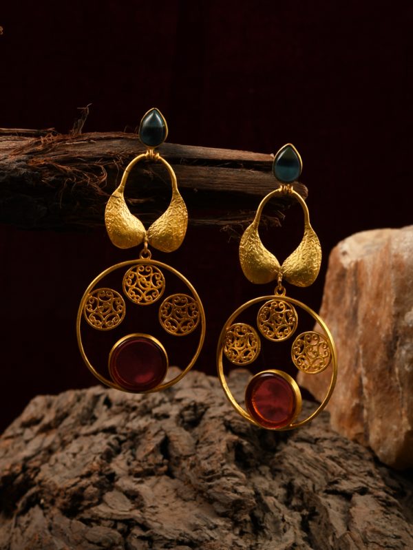 Initiate Ring styled Green and Red color glass stone Long Earring Set.