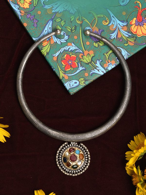 SILVER OXIDISED NECKLACE IS BEAUTIFULLY CRAFTED WITH NAVRATNA STONES